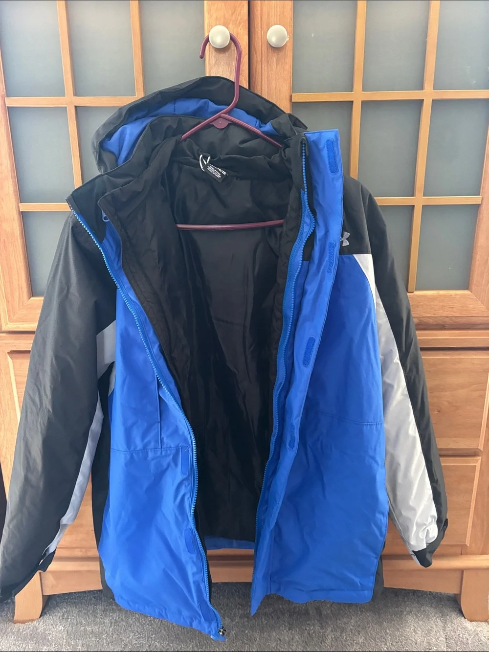 Under Armour Blue Black Gray Colorblock Hooded Jacket with Soft Shell insert